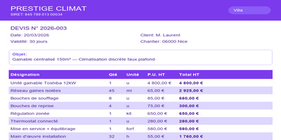 Devis climatisation - Gainable villa
