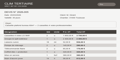 Devis climatisation - Cassette bureau