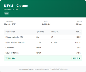 Devis clôture - Palissade bois 15m