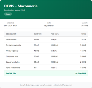 Devis maçonnerie - Garage 20m²