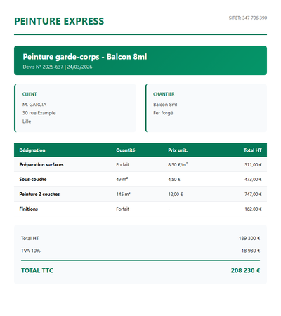 Devis peinture garde-corps - Balcon 8ml