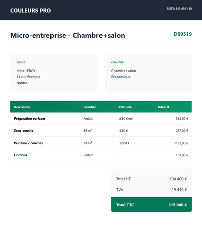 Devis micro-entreprise - Chambre salon