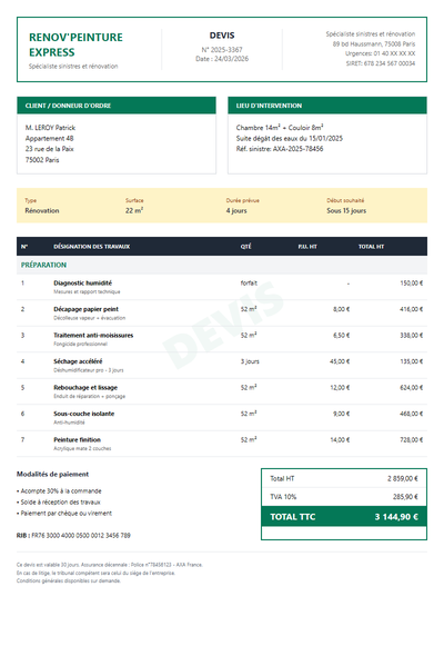 Devis peinture - Dégât des eaux