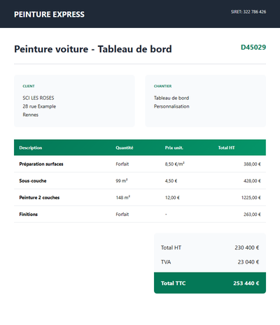 Devis peinture voiture - Tableau de bord