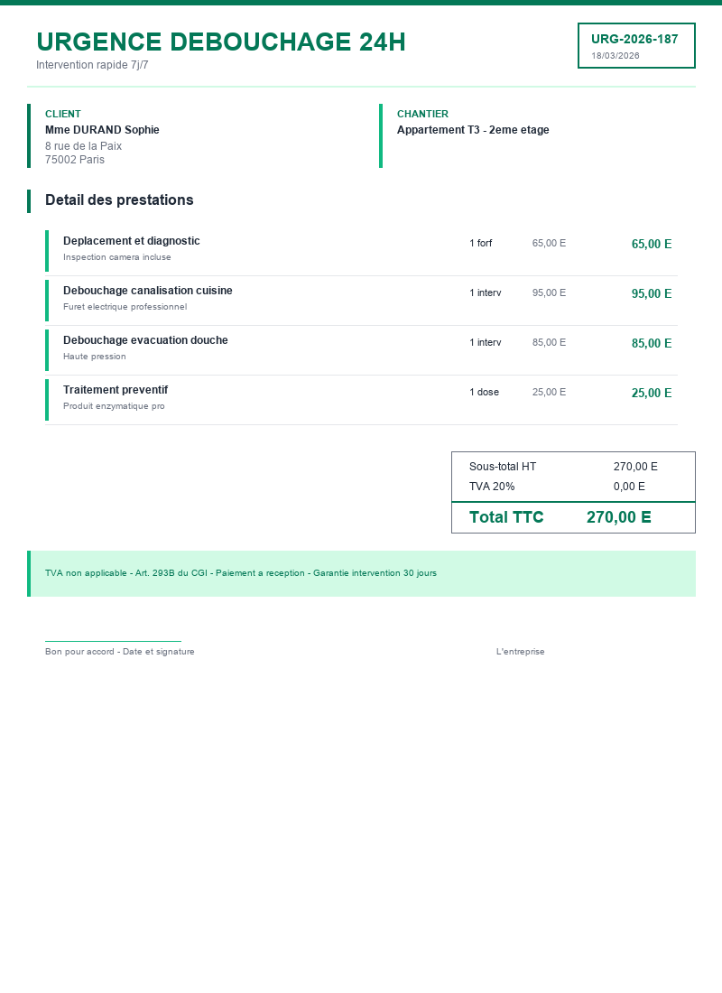 Devis plomberie - Débouchage