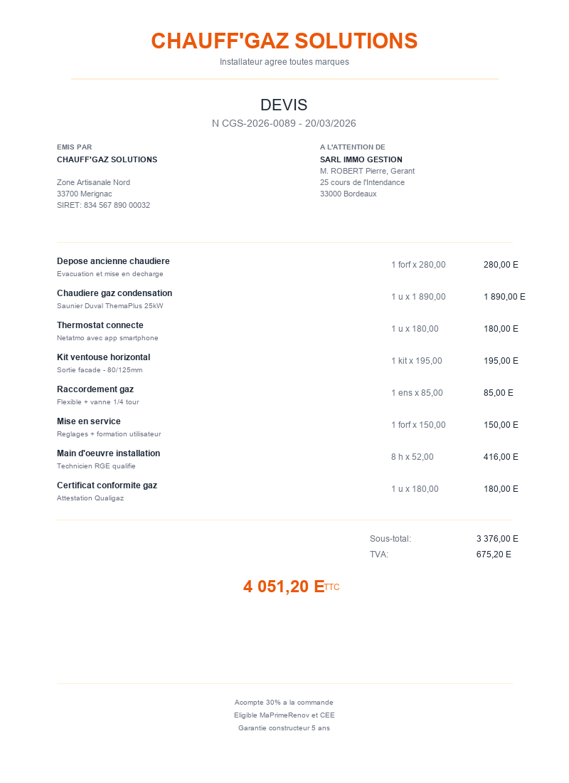 Devis plomberie - Chaudière gaz