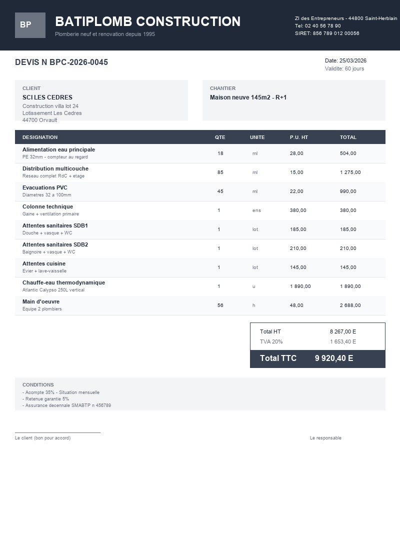 Devis plomberie - Maison neuve