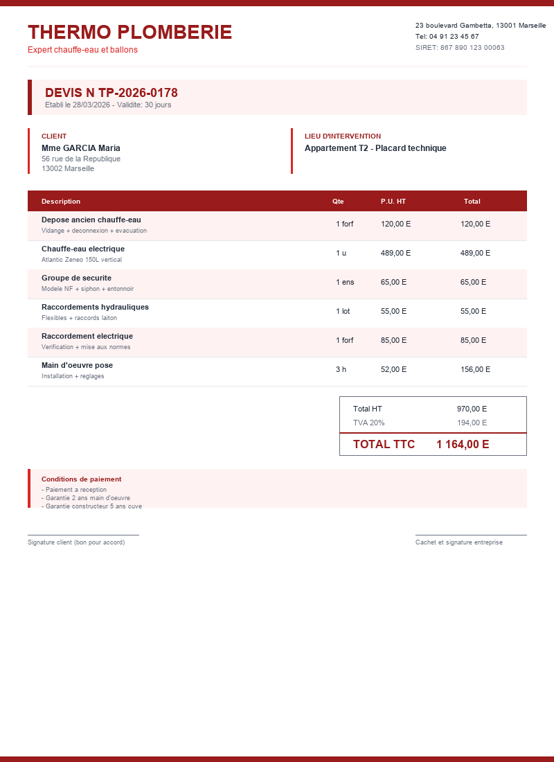 Devis plomberie - Ballon ECS