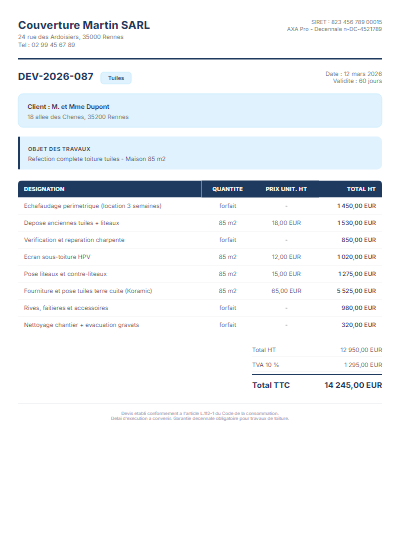 Devis toiture - Refection tuiles terre cuite