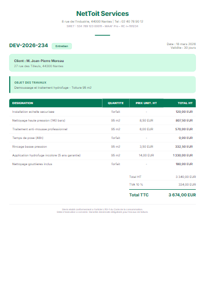 Devis toiture - Demoussage hydrofuge
