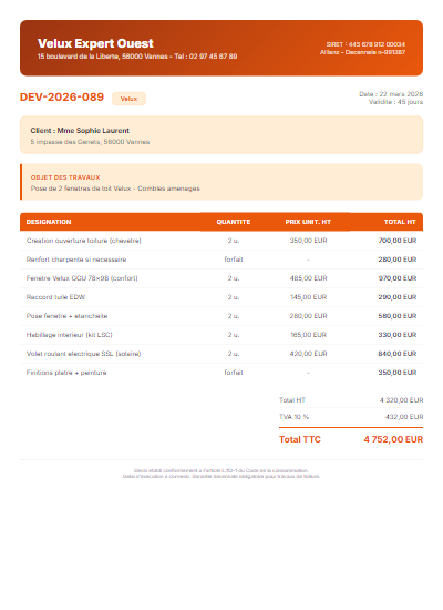 Devis toiture - Pose Velux