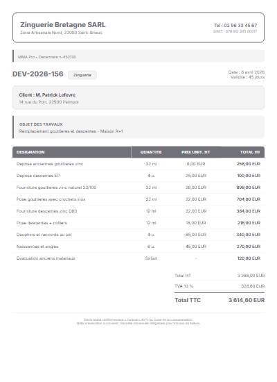 Devis toiture - Zinguerie complete