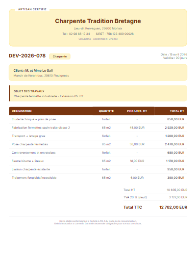 Devis toiture - Charpente fermette